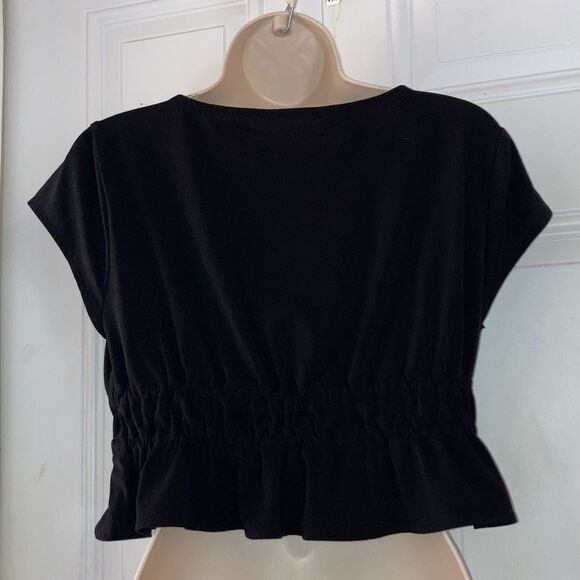 Crop Top Black Peplum Tie Front Babydoll Short Sleeve FOREVER 21 Womens Medium - Picture 6 of 10
